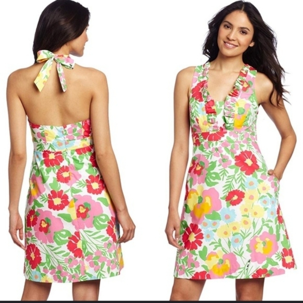 Lilly Pulitzer Pink, Green & Yellow Floral Halter Sundress